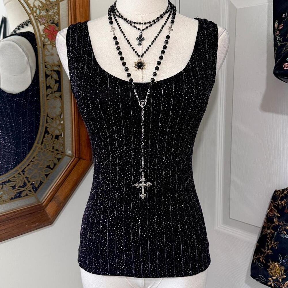 VTG Y2K Onyx Nite Black & Purple Glitter Striped Slinky Dark Feminine Tank Top M